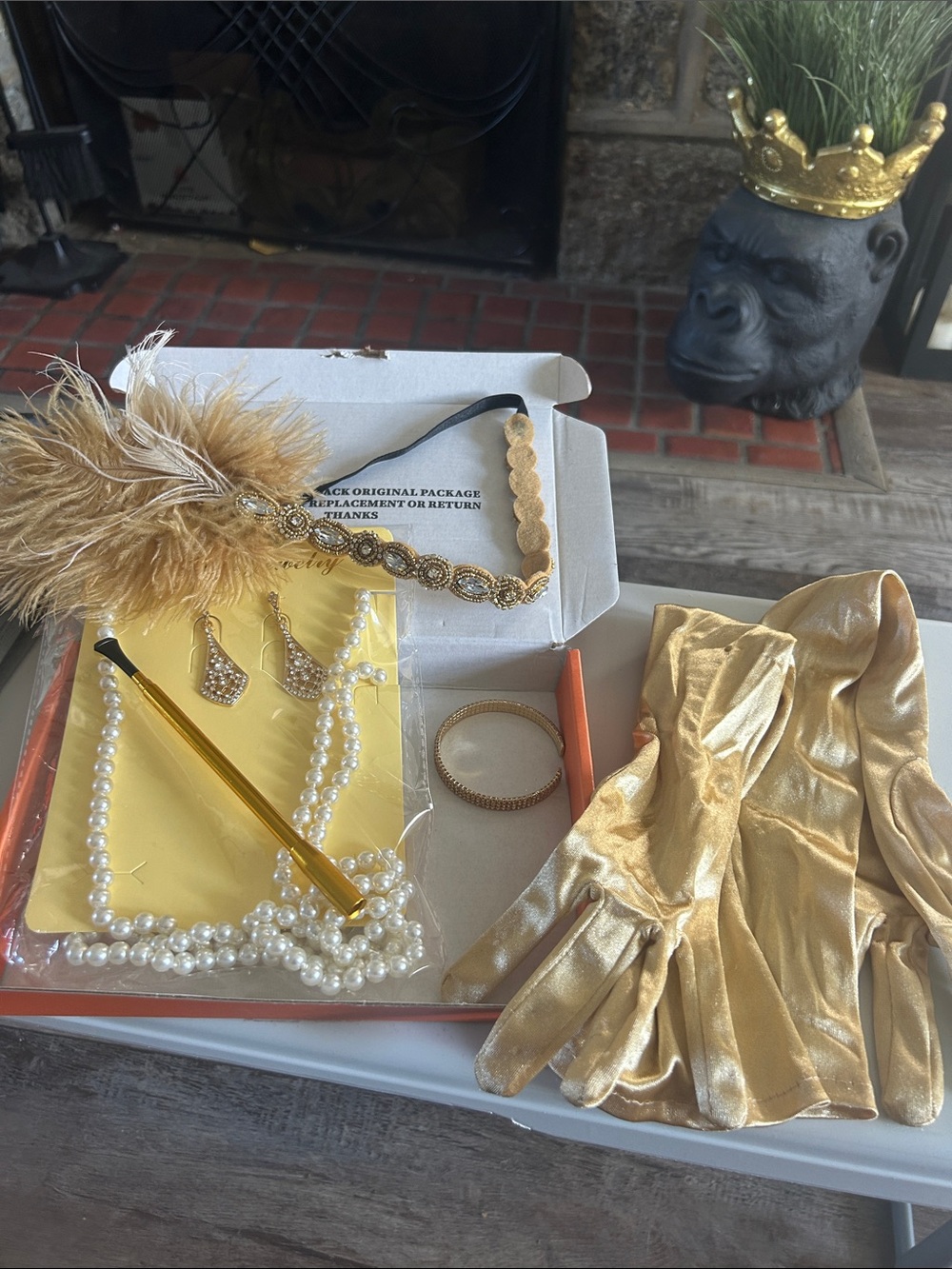 Gold Satin Evening Gloves with Pearl & Feather Accessory Set